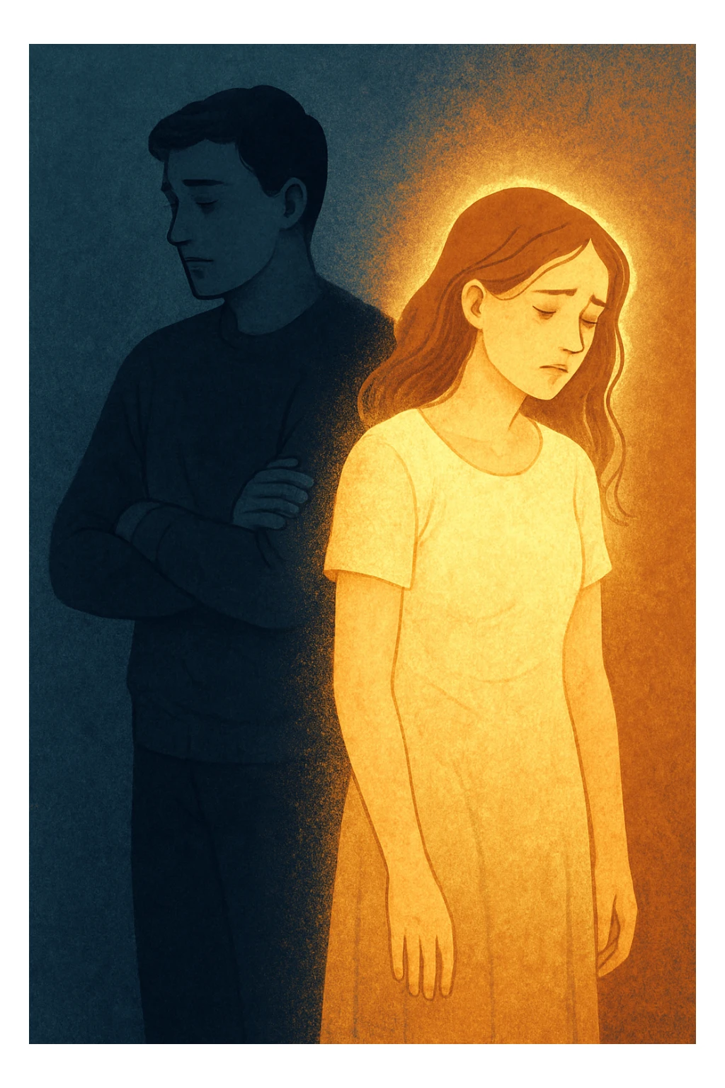 Vertical format: A woman with a glowing aura being overshadowed by a shadow coming from the man next to her, he has a closed posture and a lost gaze, she looks visibly fatigued. sticker