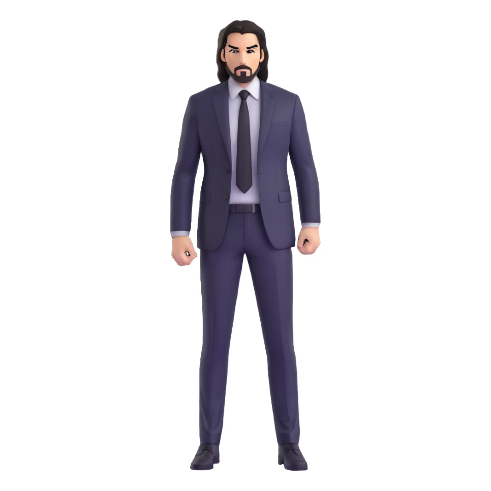 John Wick in black suit and tie, long dark hair, intense stare, action pose sticker