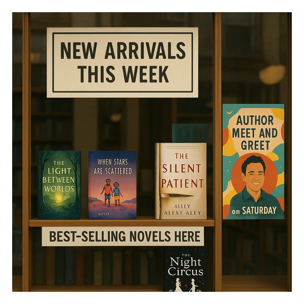 Bookstore window display. A sign displays “New Arrivals This Week”. Below, a shelf tag with the text “Best-Selling Novels Here”. To the side, a colorful poster advertises “Author Meet And Greet on Saturday” with a central portrait of the author. There are four books on the bookshelf, namely “The light between worlds” “When stars are scattered” “The slient patient” “The night circus” sticker