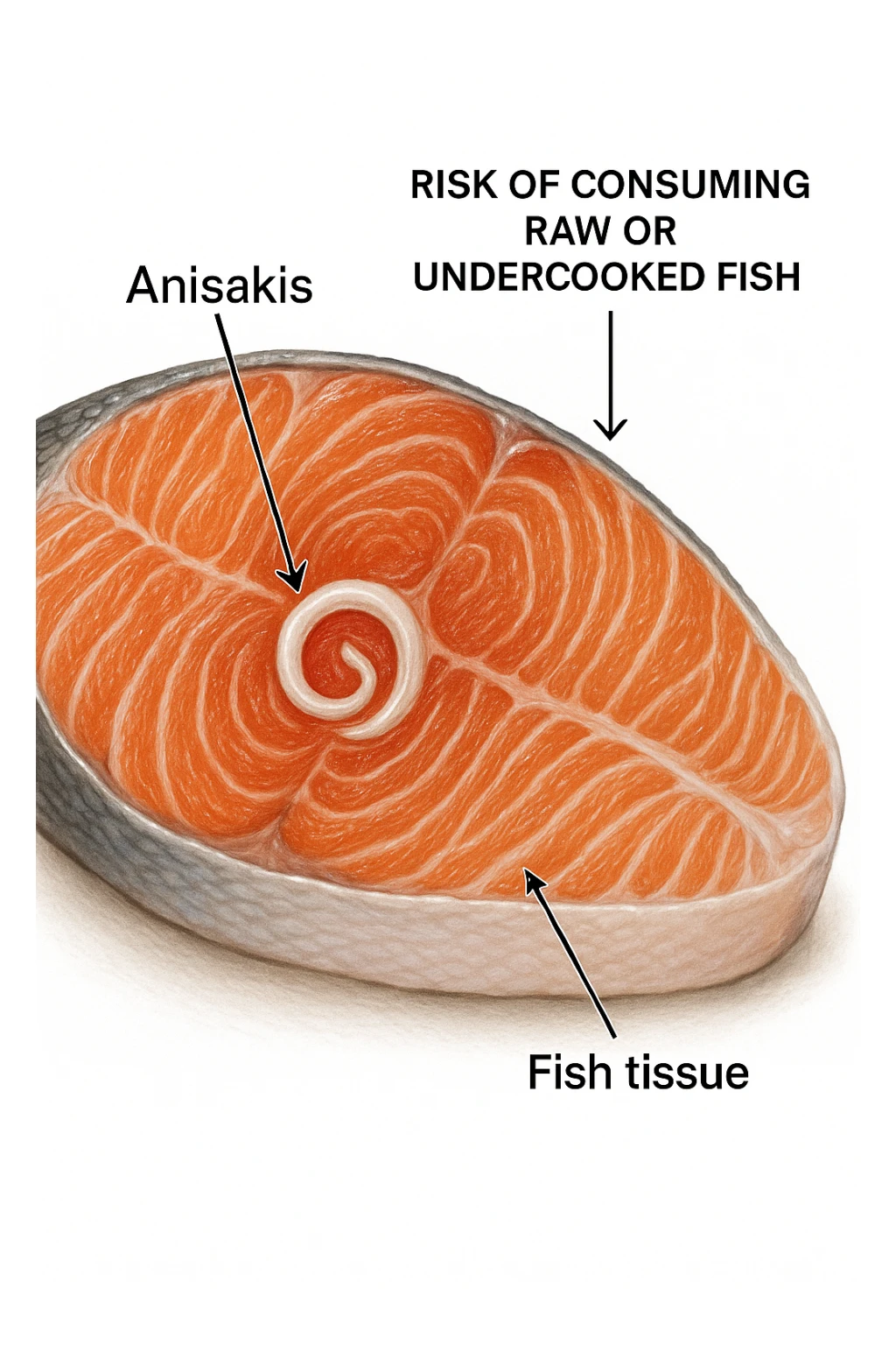 a close-up cross-section of a raw fish fillet, showing a white, coiled Anisakis parasite embedded in the muscle tissue. The parasite is clearly labeled, and the surrounding fish tissue is rendered in detail. The background is clean and white, with educational callouts explaining the risk of consuming raw or undercooked fish. sticker
