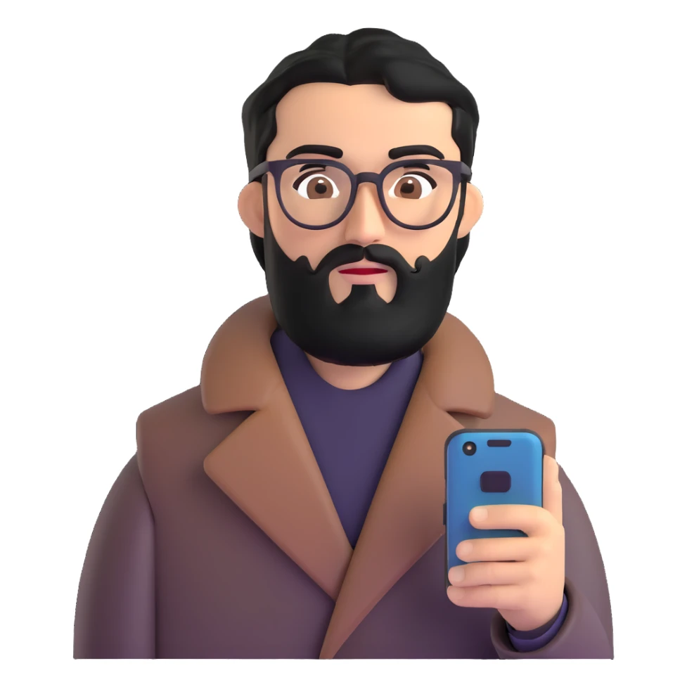 professional man with medium black beard, black hair combed to one side, connected unibrow, olive tan skin, brown eyes, glasses, prominent nose, wearing black coat, intently looking at and interacting with smartphone screen, with subtle office background sticker