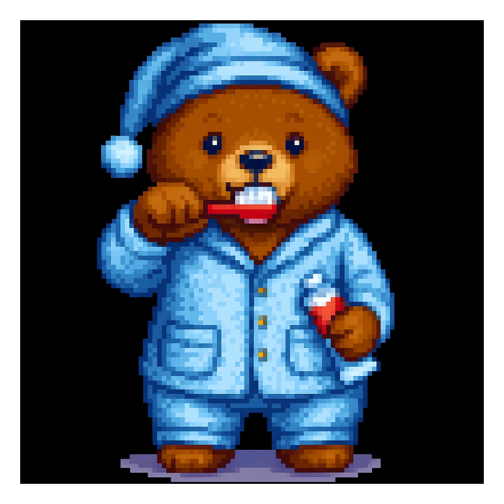 A bear in pajamas, pixel art style, brushing teeth, with a hat sticker