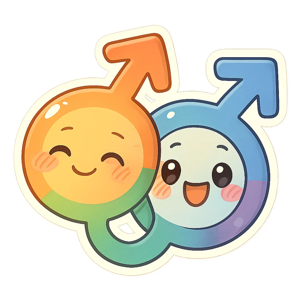 gay pride two interlocked male symbols in rainbow colors with playful expression, chibi style sticker