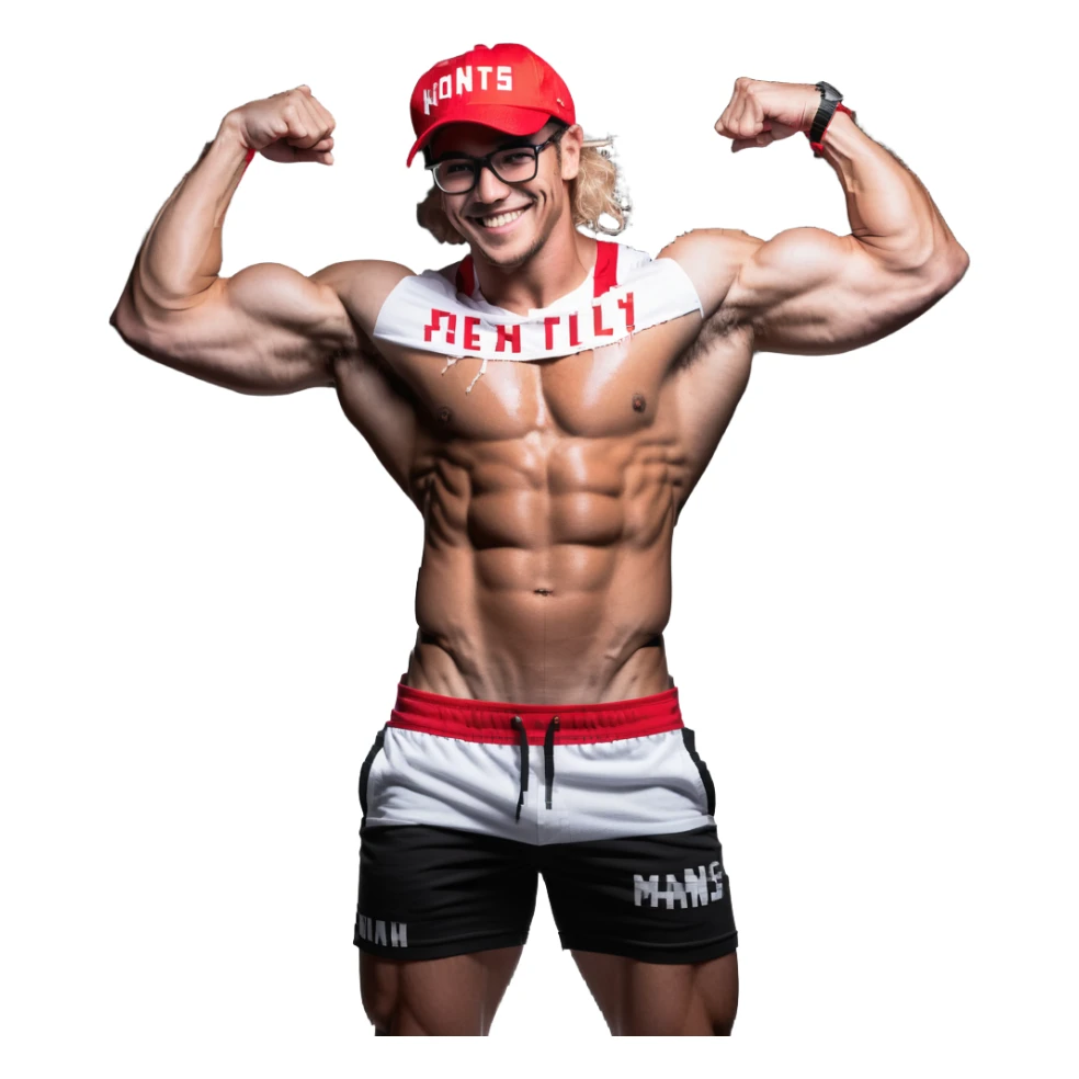 Thin man with defined muscles, black and white cap with VANOMAS text, bare torso, red shorts, clear glasses, messy light hair, flexing and smiling sticker