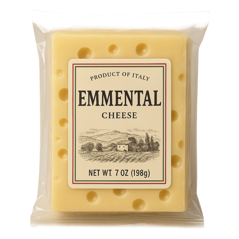 realistic Italian Emmental cheese in transparent packaging with label sticker