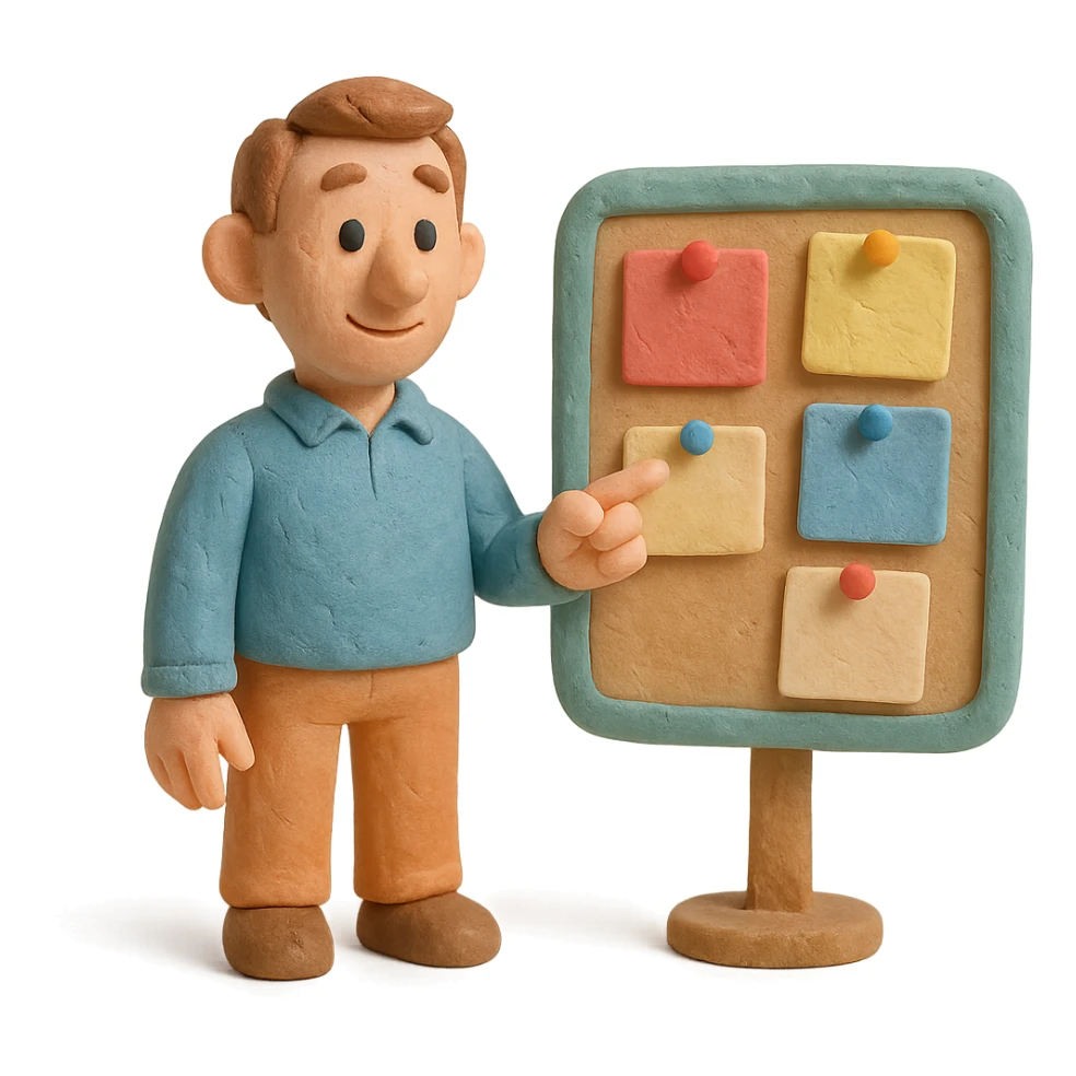 claymation style man with a bulletin board, pastel colors sticker