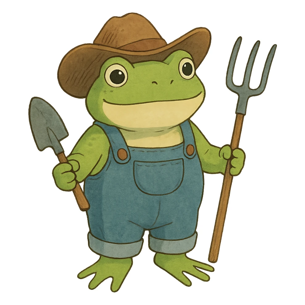 ghibli style frog in cowboy hat and overalls, holding gardening tools sticker