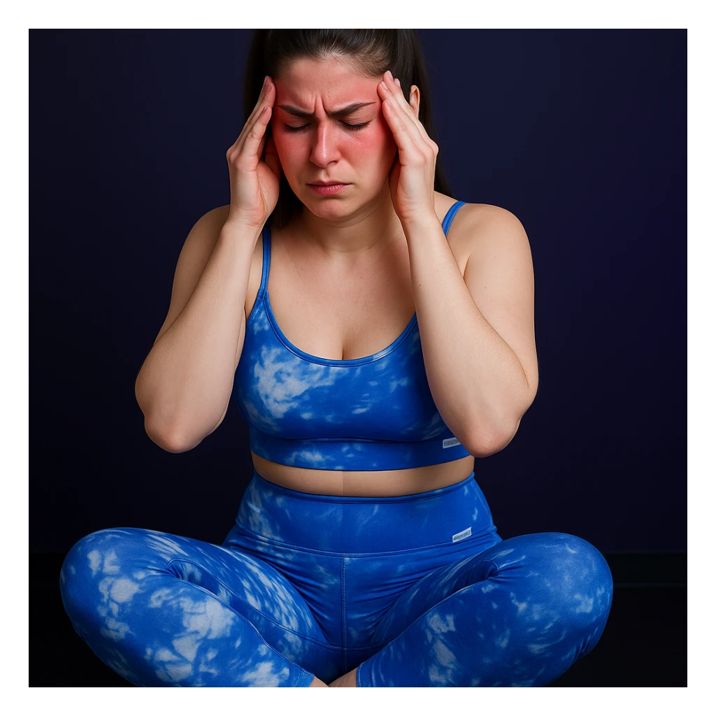 A slender woman in 4K, sitting with a straight back, hands pressing on reddened temples, expression of intense pain from muscle-tension headache, inspired by the reference photo. sticker
