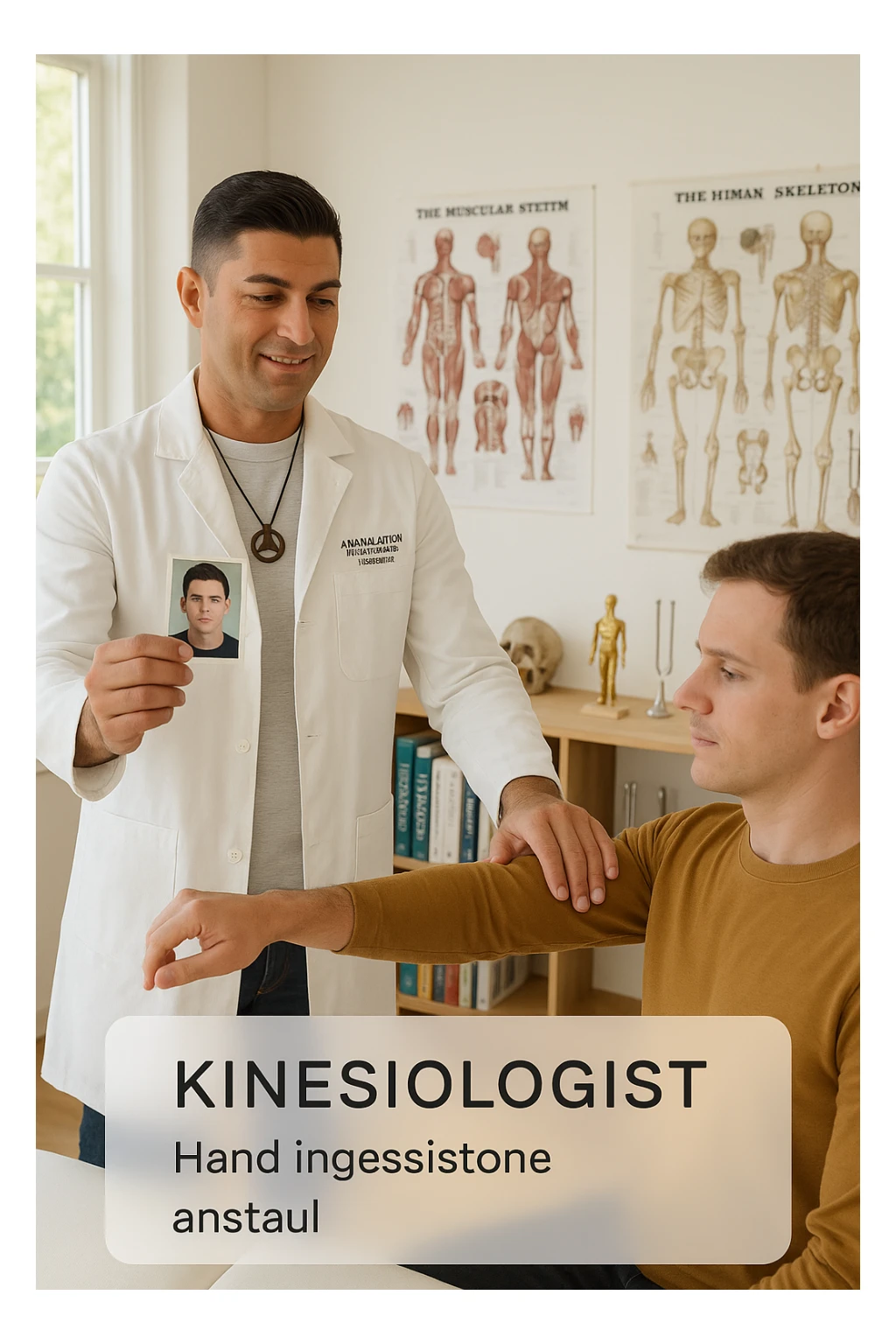a middle-aged man, dressed in casual professional attire, is in a bright, organized therapy studio. Durante una visita di kinesiologia, il ragazzo tiene con una mano la foto di una persona lontana (il “testimone”) tiene la foto in mano, mentre con l’altra mano esegue un test muscolare su un cliente presente senza foto. Sullo sfondo si vedono libri di kinesiologia, poster anatomici e strumenti tipici della disciplina. L’atmosfera è concentrata e serena, con luce naturale che entra dalla finestra, sottolineando l’aspetto alternativo e umano della pratica. sticker