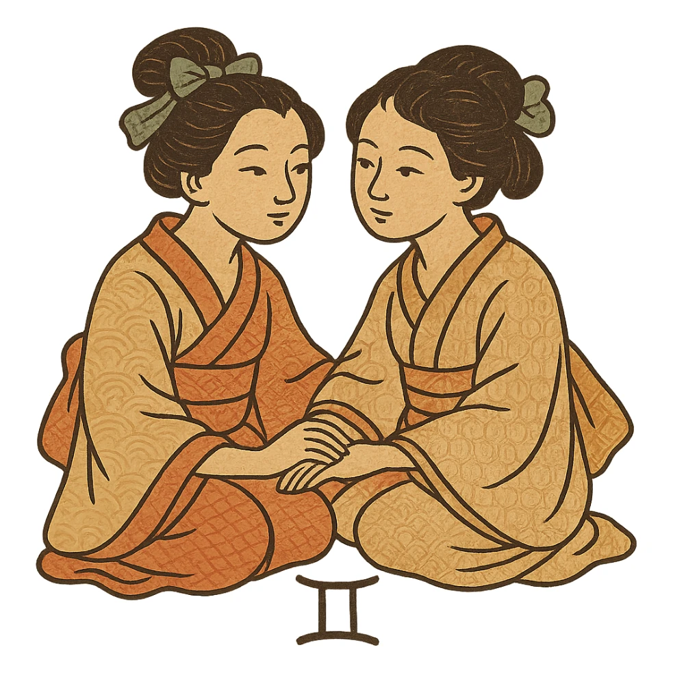 ukiyo-e style gemini twins, traditional Japanese illustration sticker