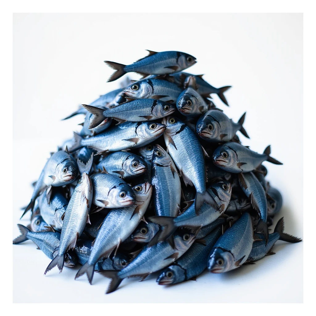 large, realistic pile of blue fish, loosely pyramid-shaped, not a perfect triangle, photorealistic style sticker