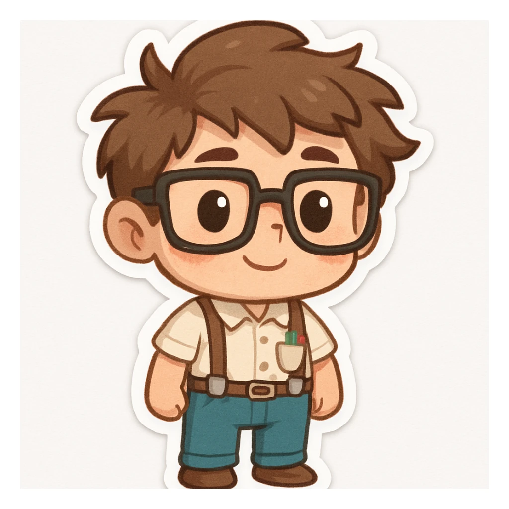 cartoon nerd with suspenders, pocket protector, and messy hair, white background sticker