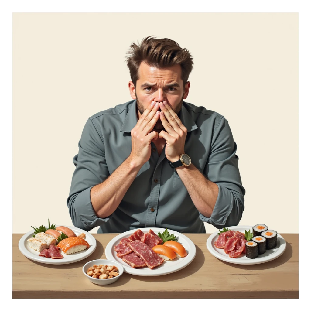 adult man refusing sushi, salami and cold cuts, irritated expression, hands covering mouth, plates of sushi and cold cuts in front, realistic style, light background sticker