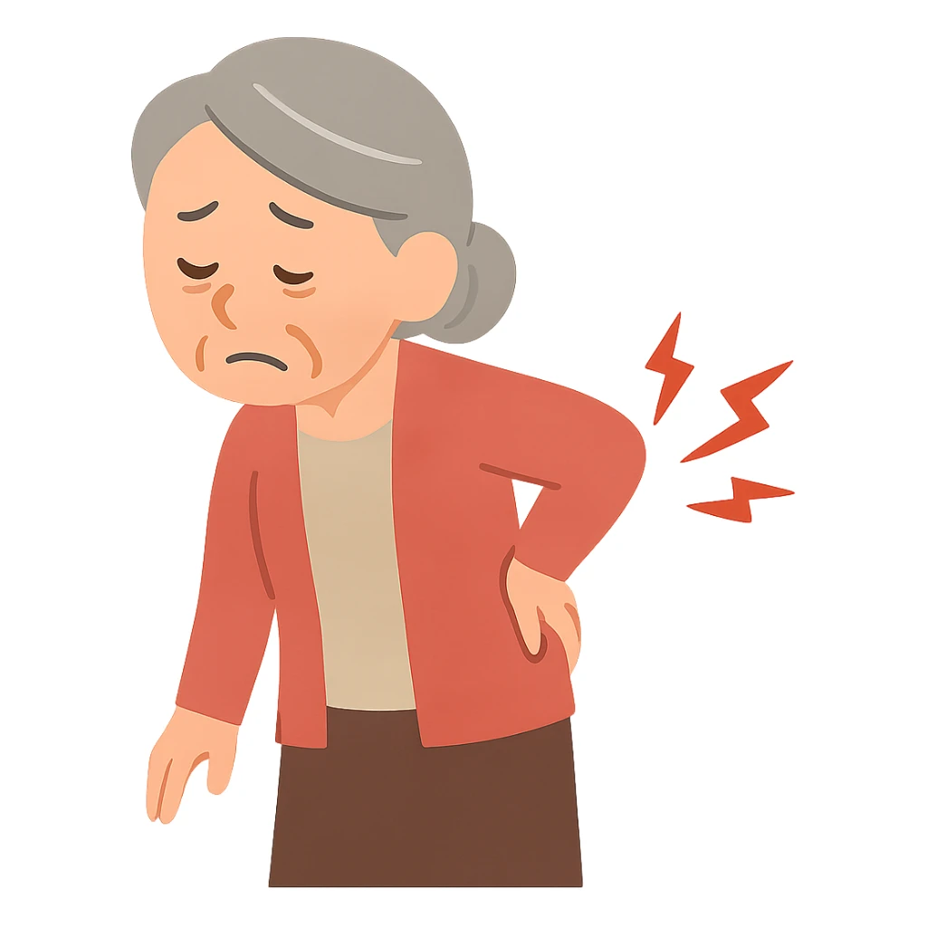 flat toon style elderly woman with hand on back, pain lines, no text sticker