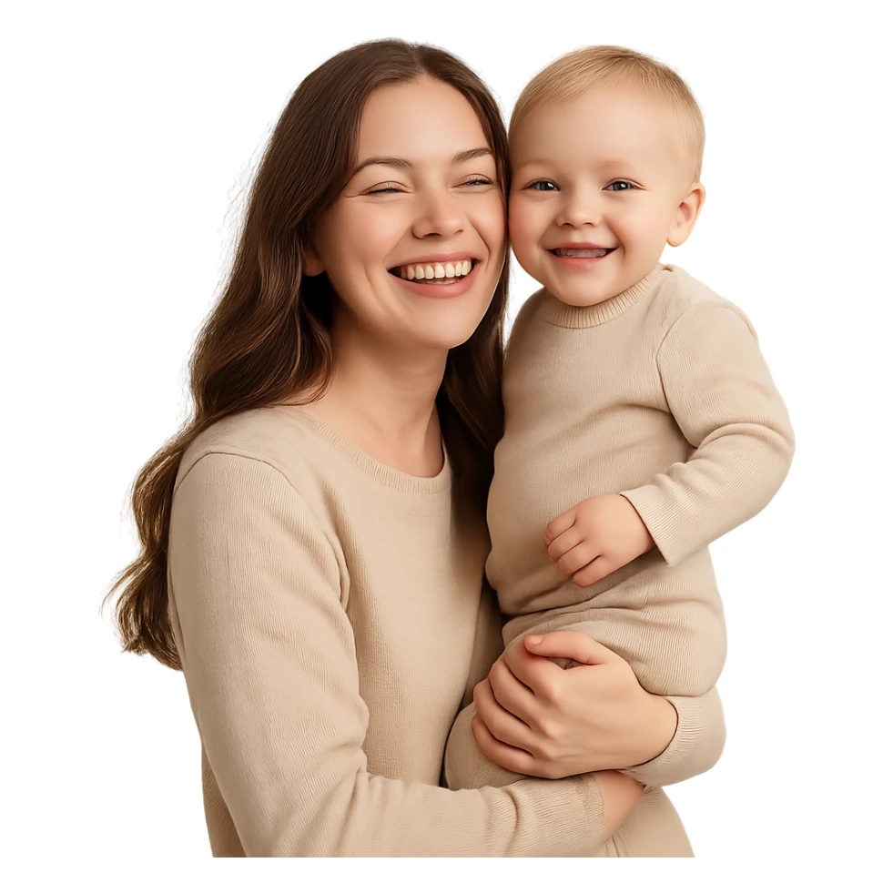 A happy mother with a child in beige clothes sticker