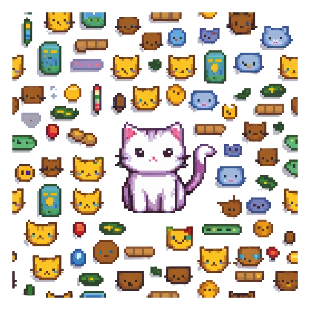 pixel art kitty surrounded by emoji sketches, playful scene sticker