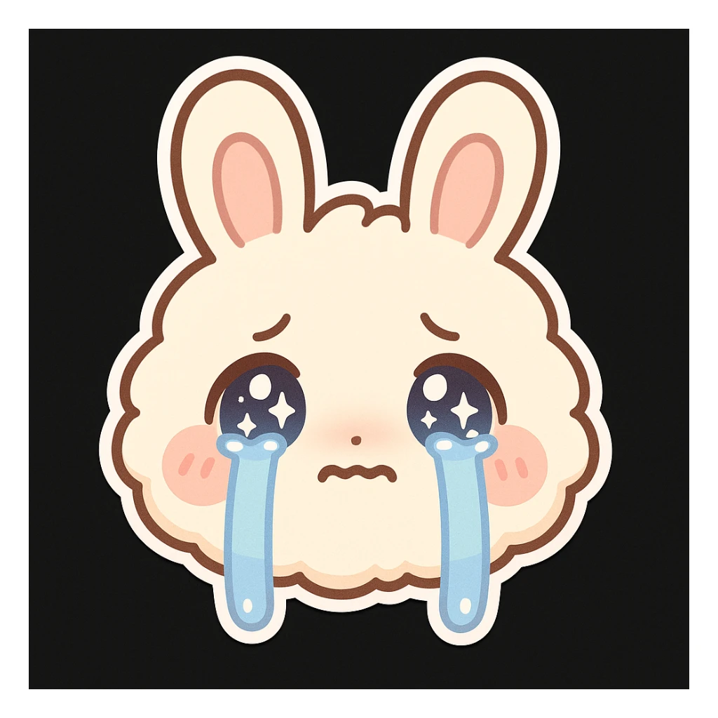 kawaii chibi-style bunny emoji with a round fluffy face, sparkly eyes, blushing cheeks, pastel color palette, crying mood, soft rounded design, anime-style, black background, vector art sticker