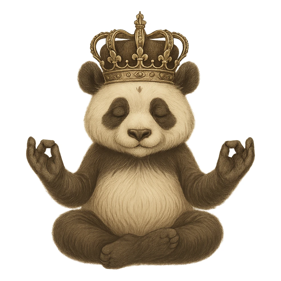 Add a regal crown to the panda's head, keeping the peaceful and mystical style. Remove the background to isolate the subject. Maintain the mystical and peaceful atmosphere of the original image. sticker
