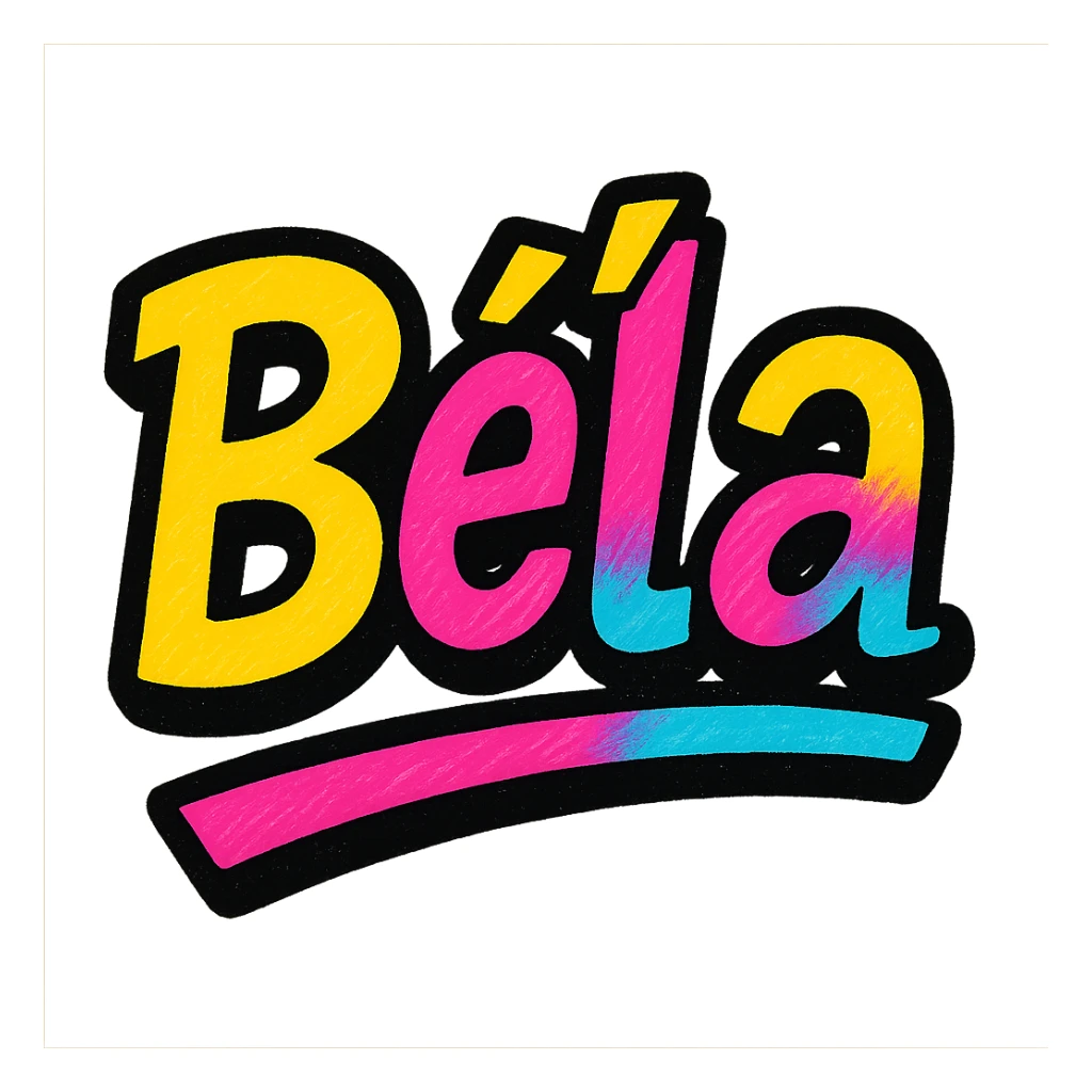 The name 'Béla' in a modern, colorful gradient font with dark outline, dynamic, slanted or partial underline, in the style of sample images. sticker