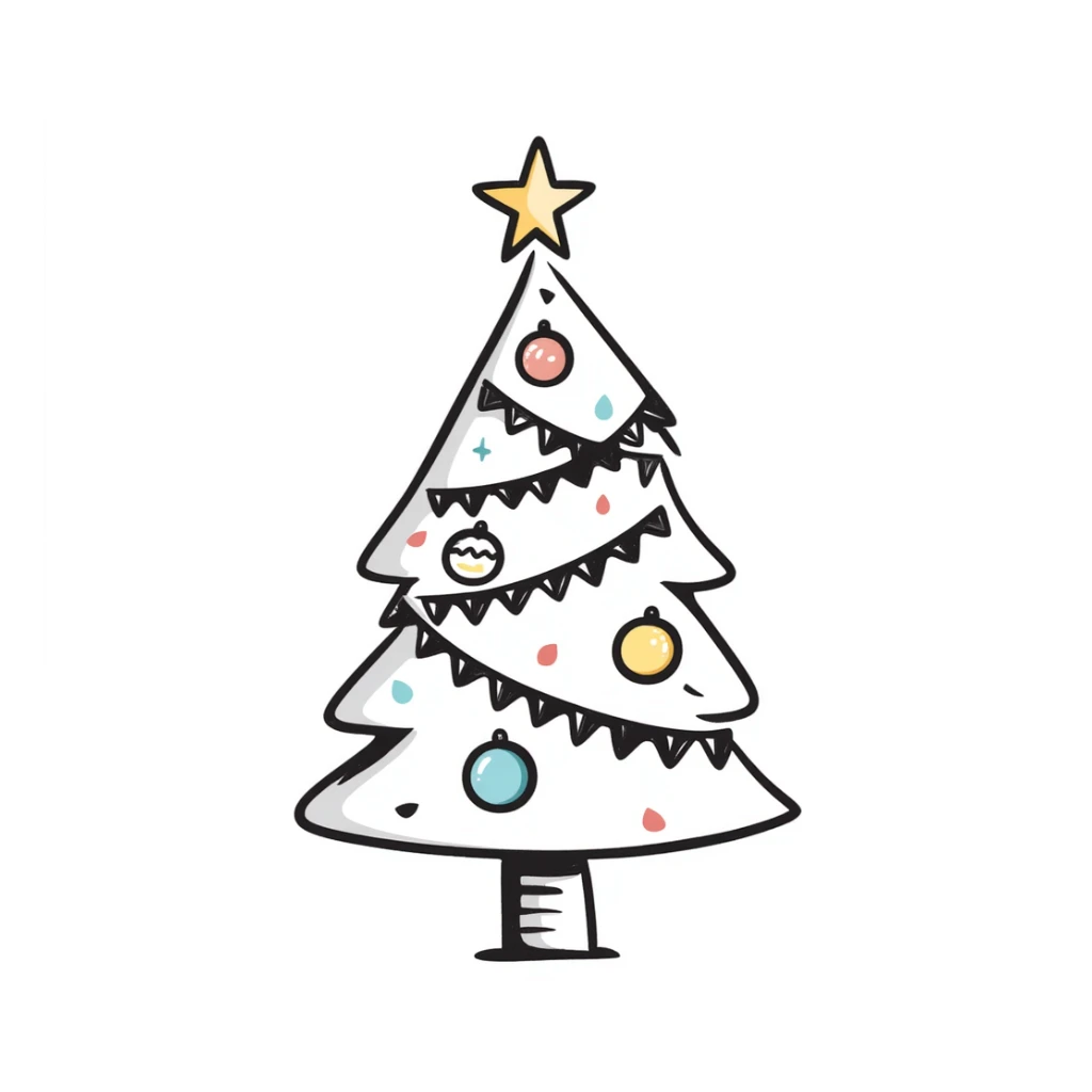 A Christmas tree with decorations in pastel colors (dd9fb0, ffc6d3, a3bfc9, c4bee2, f1b091), hand-drawn doodle style sticker
