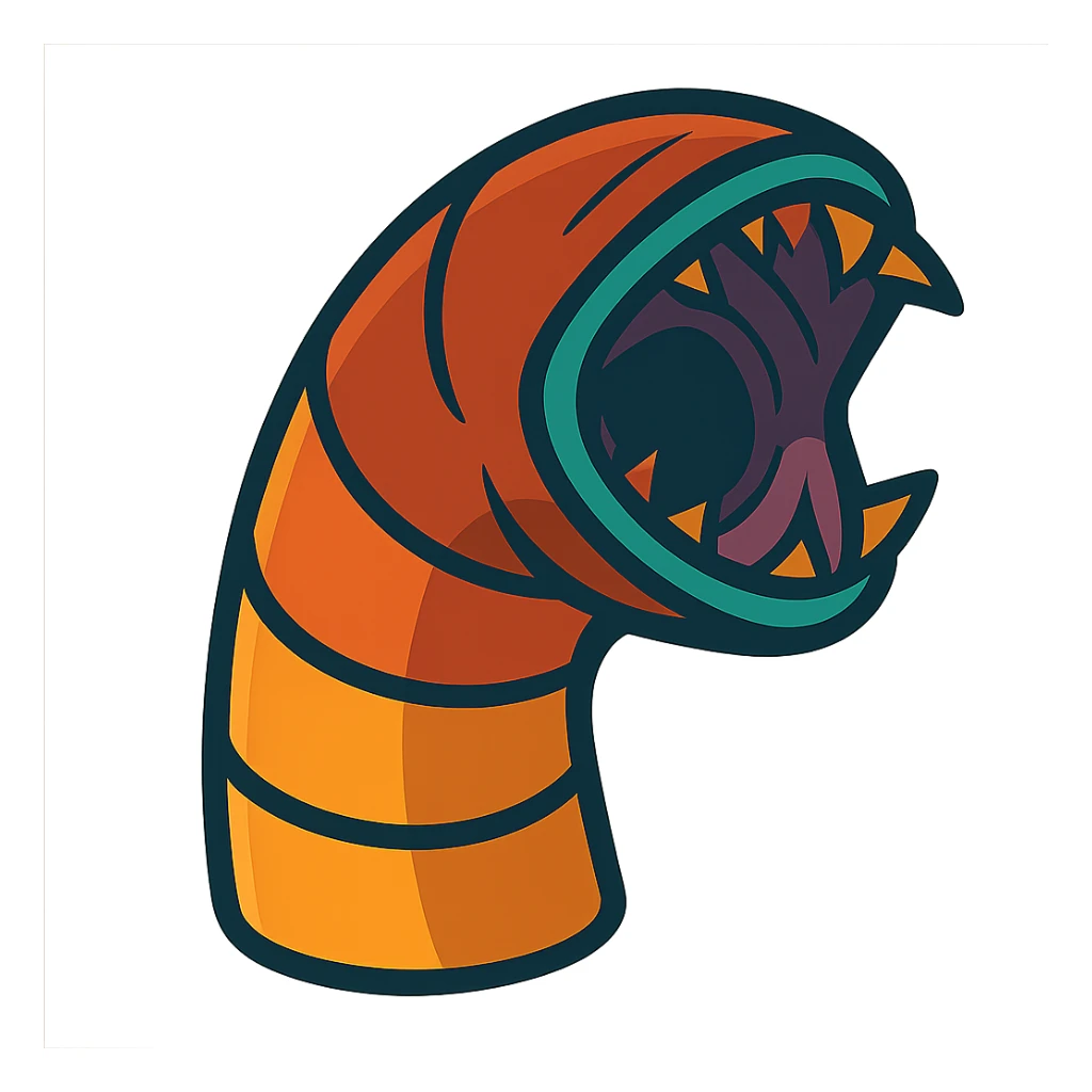 a sandworm head emoji, stylized and detailed, designed to connect seamlessly with a body emoji for a continuous worm effect, vibrant toon style sticker