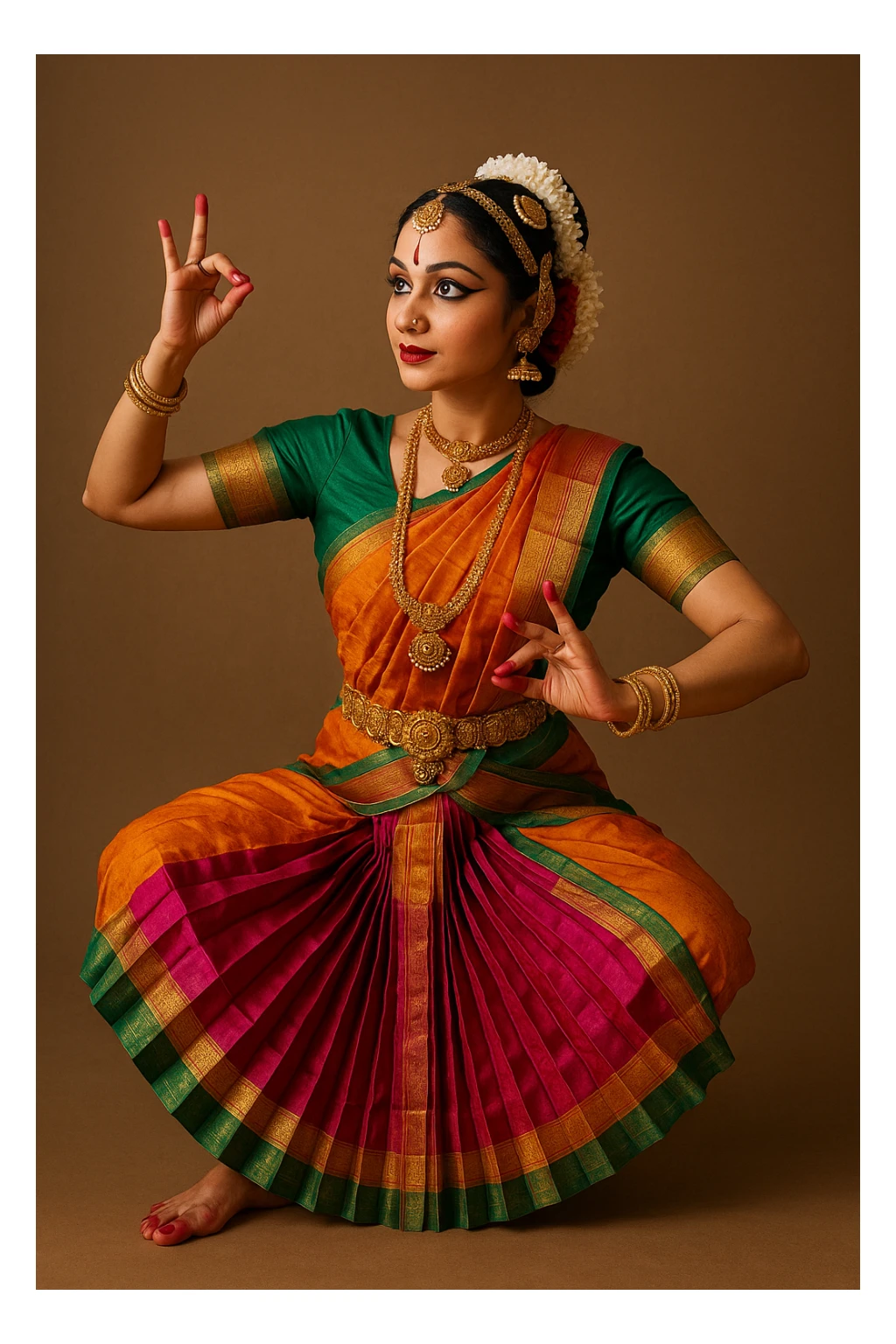 Bharatanatyam dancer, traditional Indian classical dance pose, ornate costume, jewelry, expressive hand gestures, vibrant colors sticker