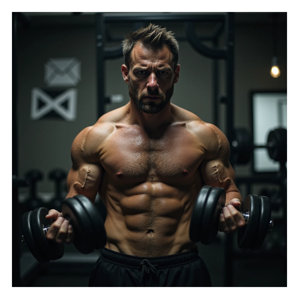 realistic, dramatic lighting; muscular man in gym, lifting dumbbells, tense and tired face, sweat, eyes show emotional strain, background with faint stress symbols (emails, bills), gym equipment, expressive posture, surreal touch sticker