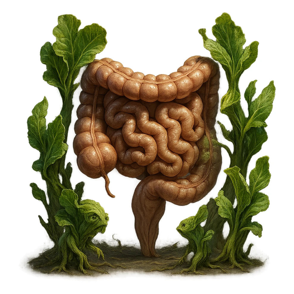 Ultra-realistic 4K illustration: stylized lettuce leaves depicted as plant-like creatures interacting with a human anatomical model of the intestine. The scene is surreal and scientific, with organic textures, refined biological details, dramatic lighting, and a bio-fantasy photorealistic style sticker