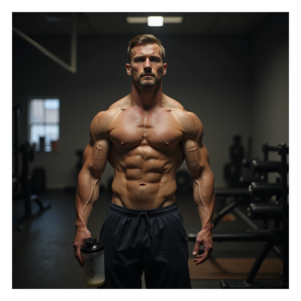 realistic bodybuilder man, cutting phase, very lean body, dry and less full muscles, visible veins, lean appearance, in front of mirror, doubtful expression, gym background, dim light, protein shaker on bench sticker