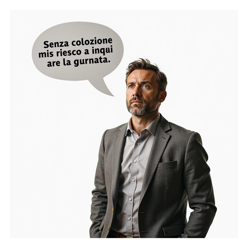hyperrealistic 4K man isolated on white background with a speech bubble saying 'Senza colazione non riesco a iniziare la giornata', convinced expression, natural pose, realistic details sticker