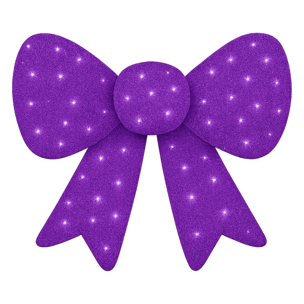 Make the decorative bow purple and covered in glitter, shiny and vibrant, no background. The bow should be sparkling with a rich purple glitter texture and look festive and elegant. sticker