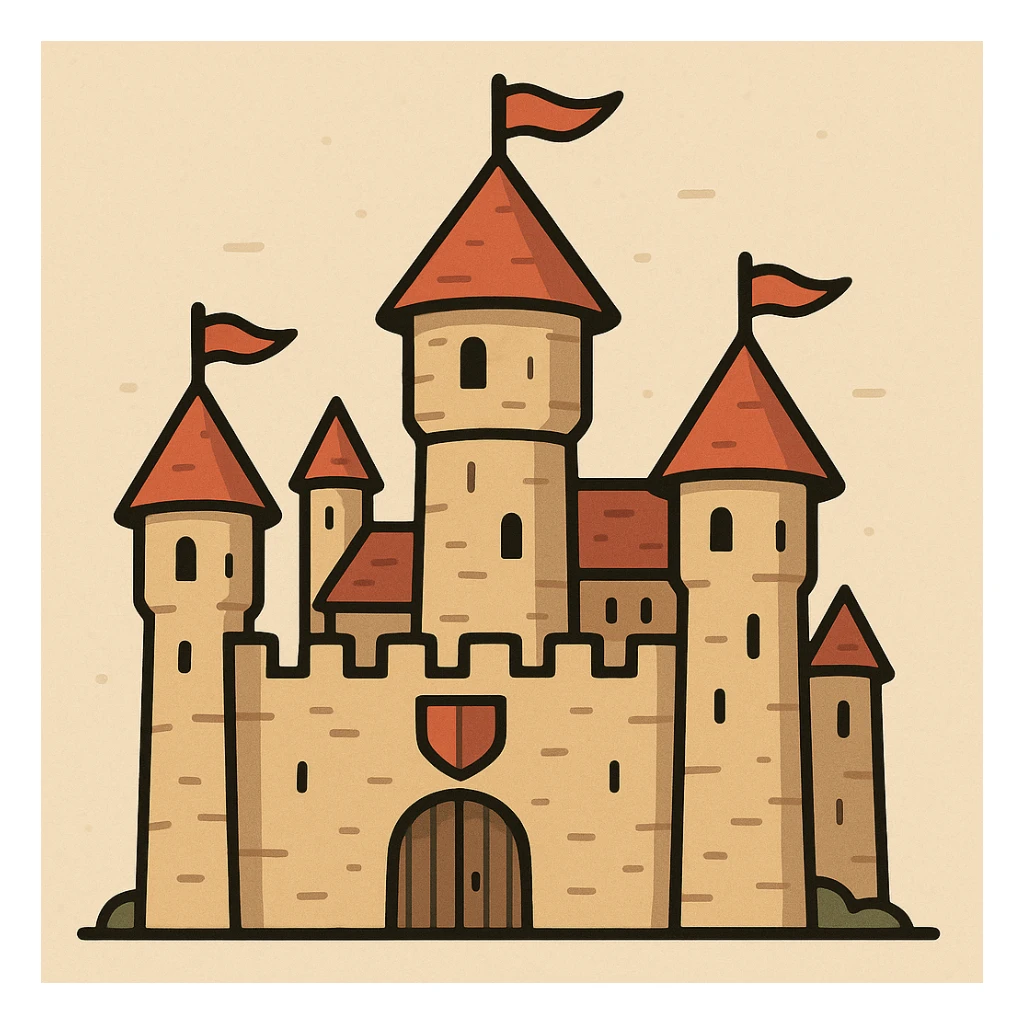 Camelot castle icon for a map, flat design, clean lines, minimalistic, strong contrast sticker