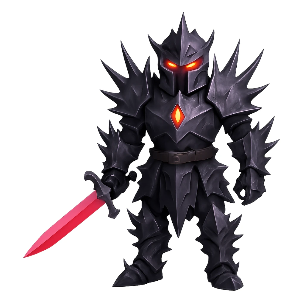 Make the knight's black armour spikey, keep glowing red eyes, mysterious and powerful style, no background. sticker