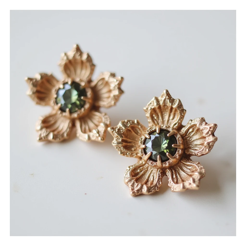 realistic flower-shaped earring with a gemstone center, isolated on a transparent background, no visible background sticker