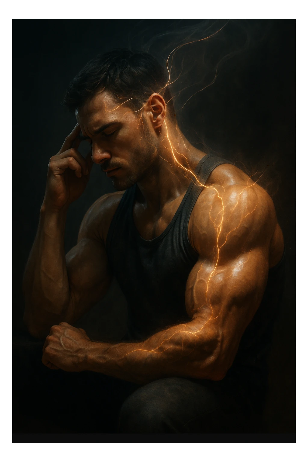 realistic cinematic style, man developing muscles while dreaming of training, visual effects linking mental visualization to physical growth, 2:3 aspect ratio sticker