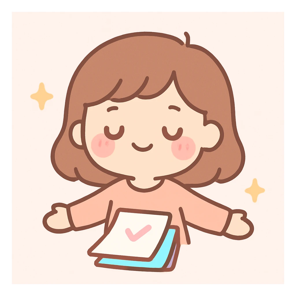 white girl with brown hair, slight smile, relieved expression, relaxed head, after finishing tasks, kawaii style sticker
