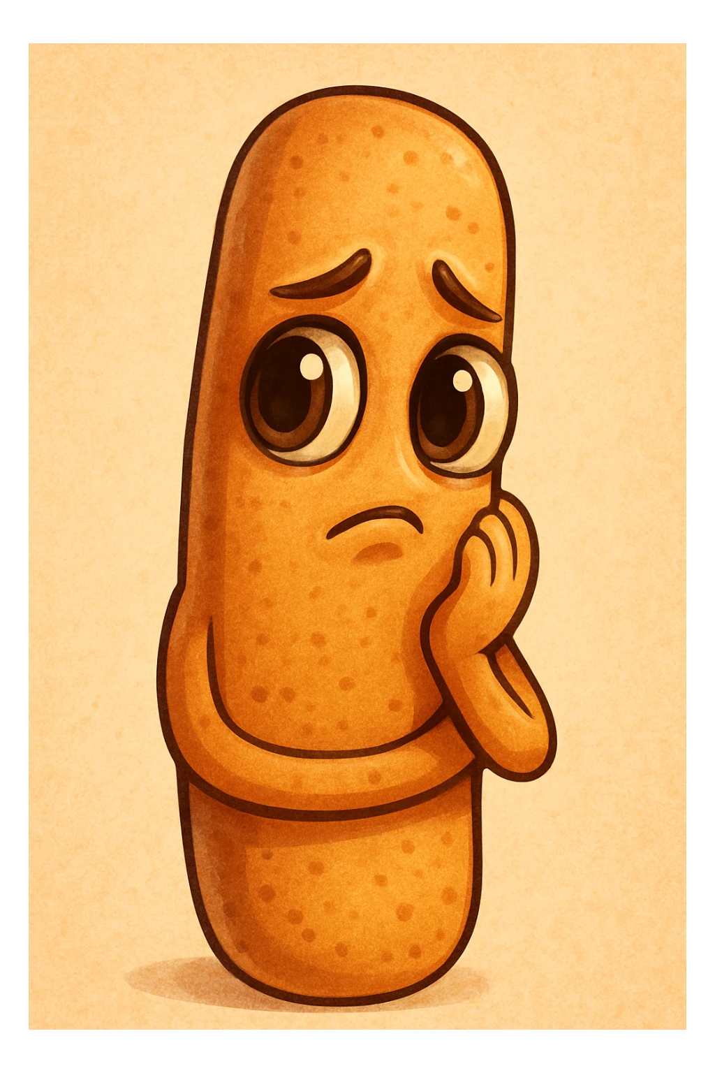 Create a cartoon style emoji of a breadstick shaped character with a thoughtful expression inspired by the face in the reference photo. The breadstick has large, deep eyes, a closed mouth, and a reflective gaze. Use warm colors and a friendly, charming atmosphere. sticker
