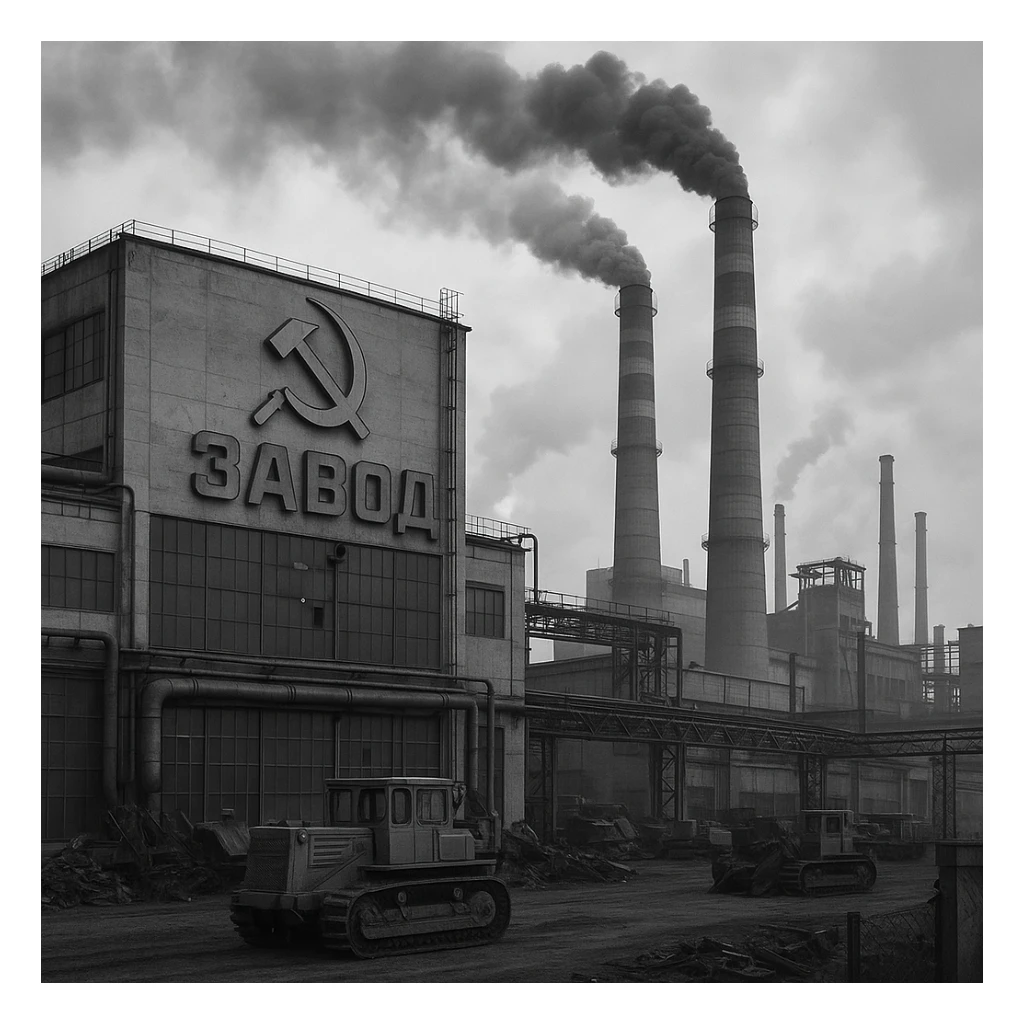 Soviet heavy equipment plant, factory exterior, hammer and sickle, smokestacks, industrial landscape sticker
