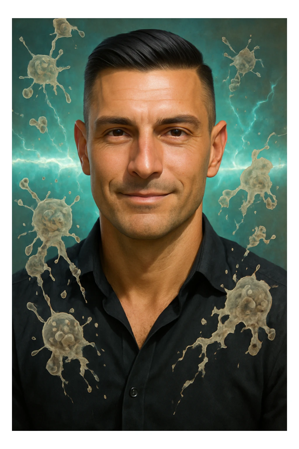 Vertical portrait of a man's face in a realistic style with a relaxed expression. Transparent parasites dissolve in front of a bright energetic barrier, with natural and clean colors. sticker