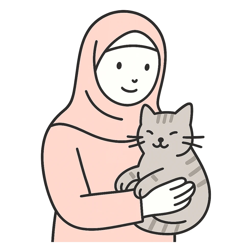 modern plain pashmina hijab woman holding a tabby cat, flat design style, pastel colors sticker