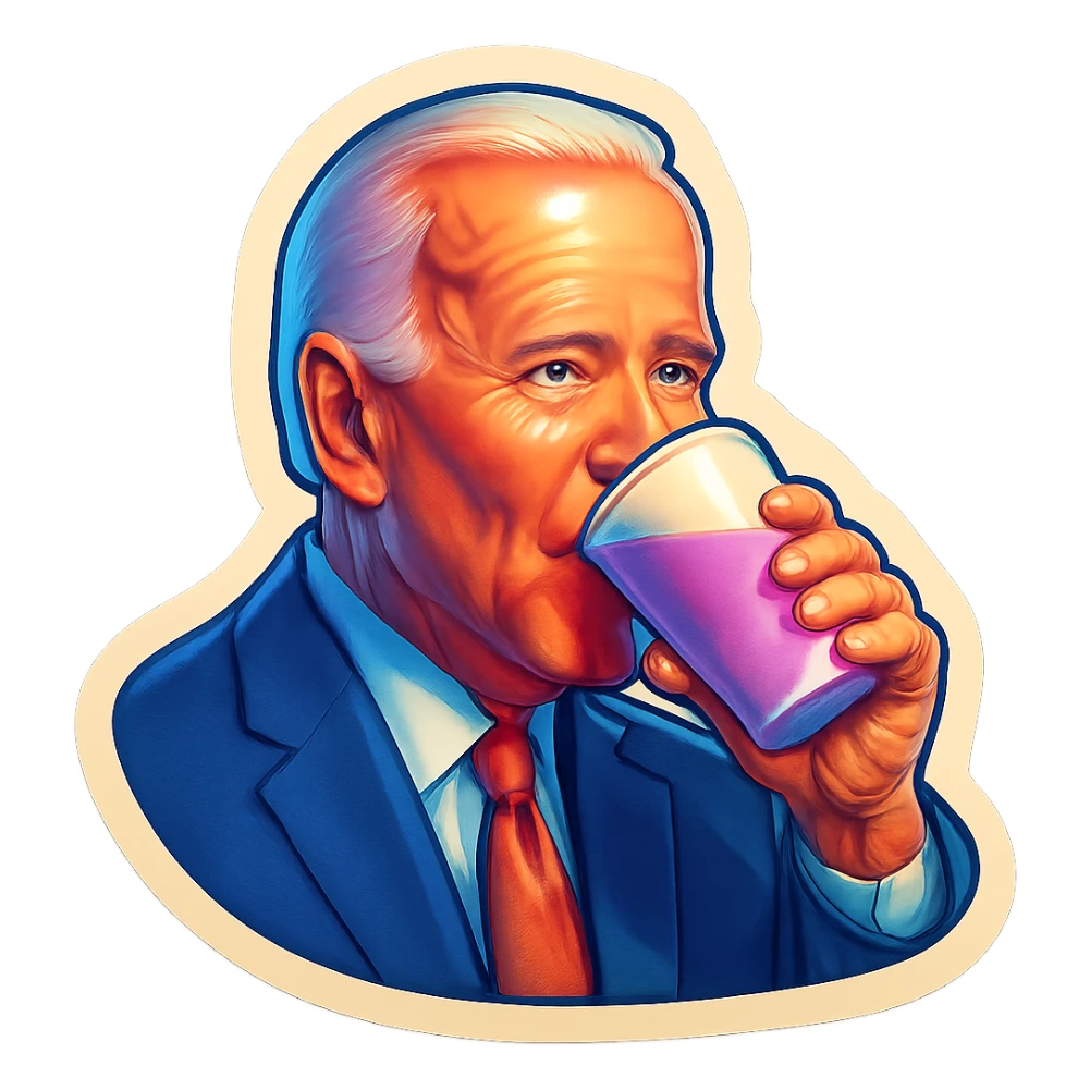 Joe Biden drinking a purple liquid from a white cup sticker