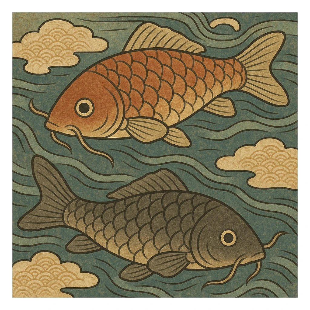 koi fish swimming in water, ukiyo-e style illustration sticker