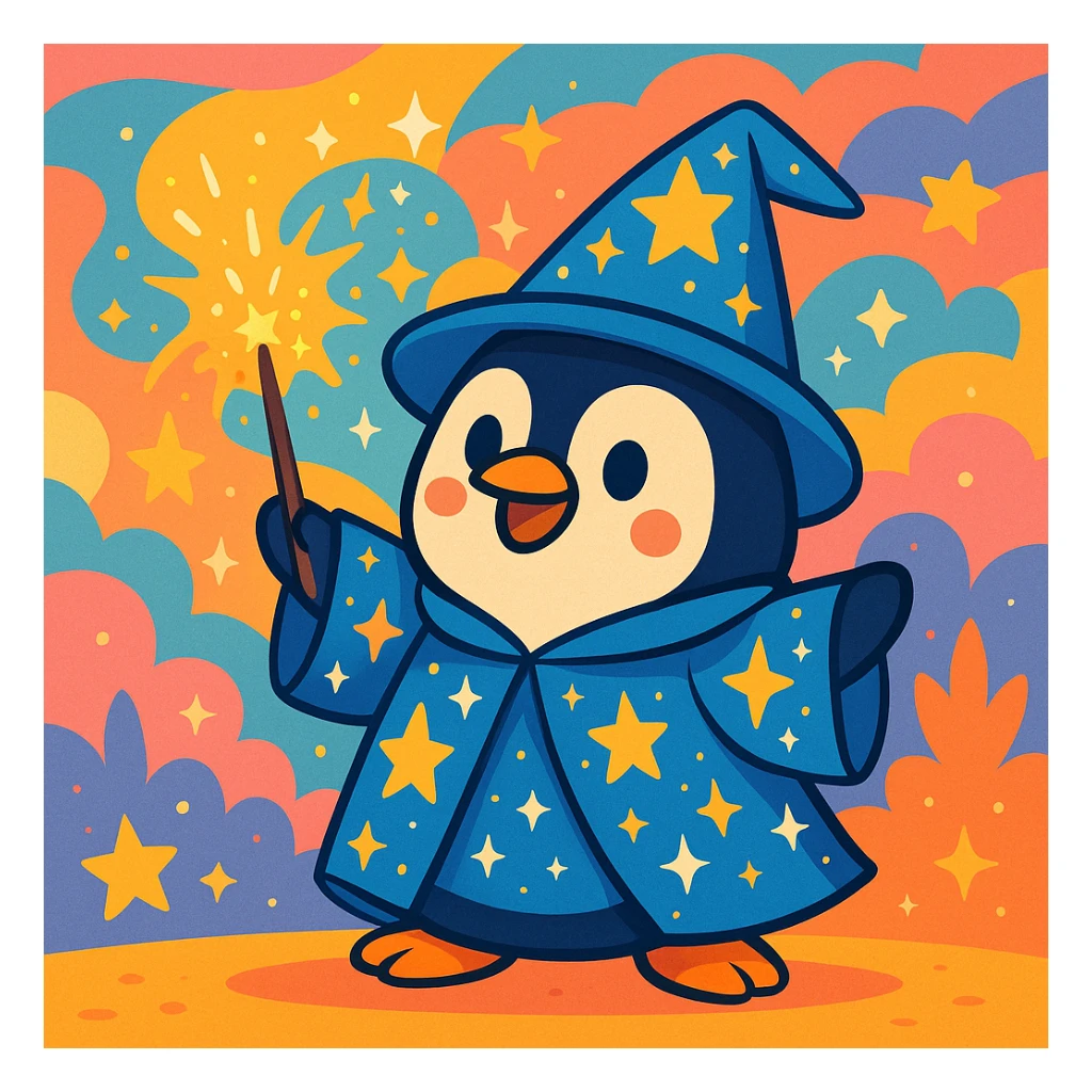 a penguin wizard casting a spell, with sparkles and a starry robe, in a cute cartoon style sticker
