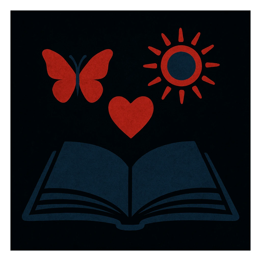 open book with butterfly, heart, and sun in red and dark blue floating above it, black background, dark motivational style sticker