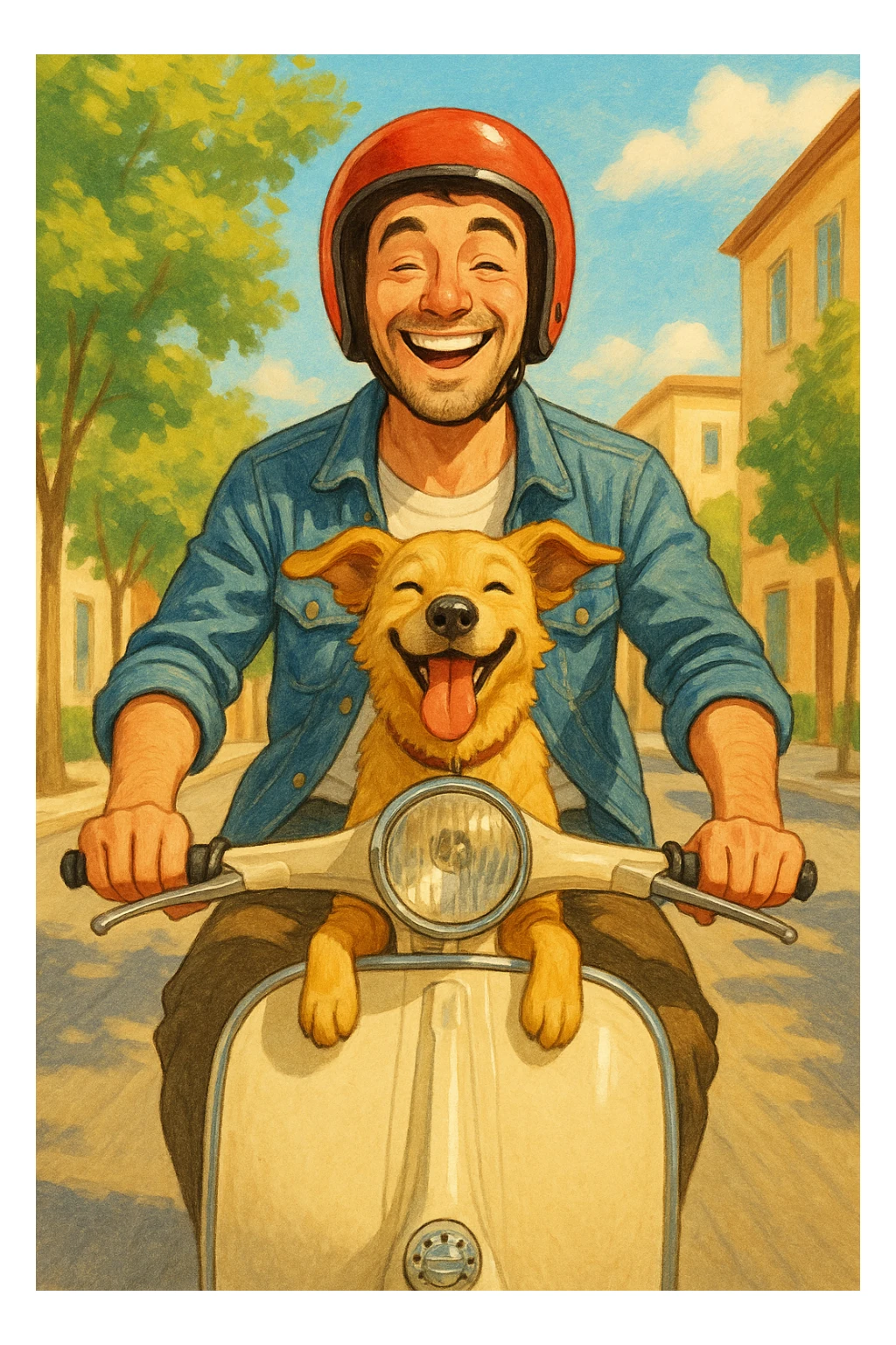 man and his pet dog riding a vespa sticker