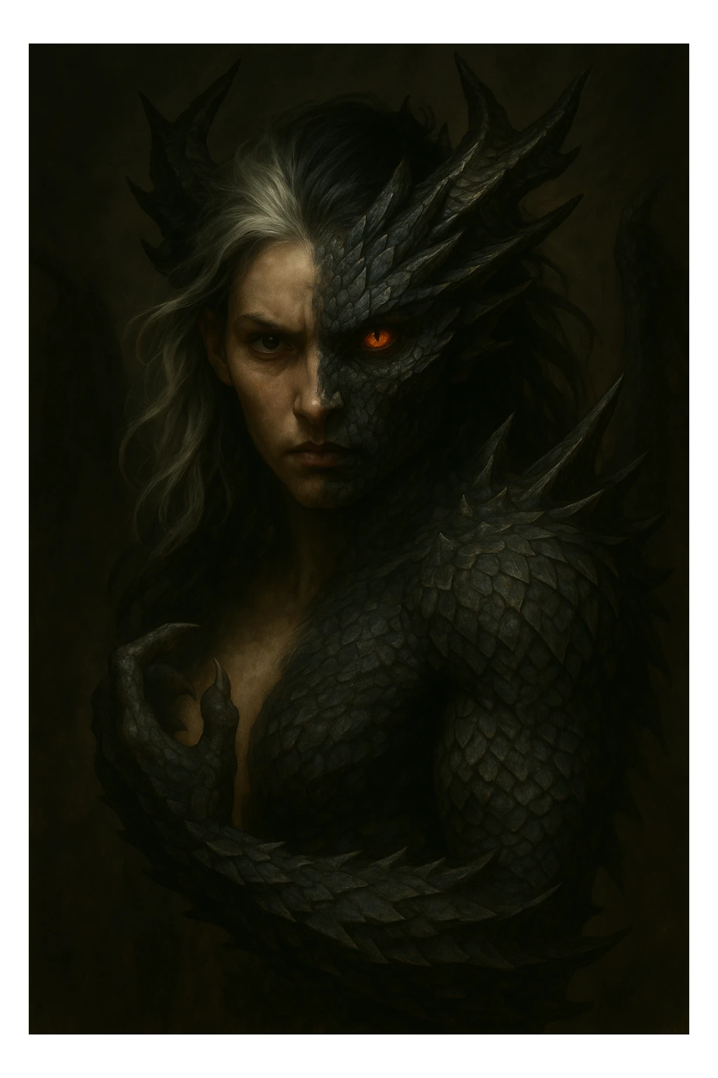 Make the character a girl, keep half human half dragon, with silver and black hair, and a fierce expression. Highlight the intensity and strength in the character's expression and hybrid features. sticker