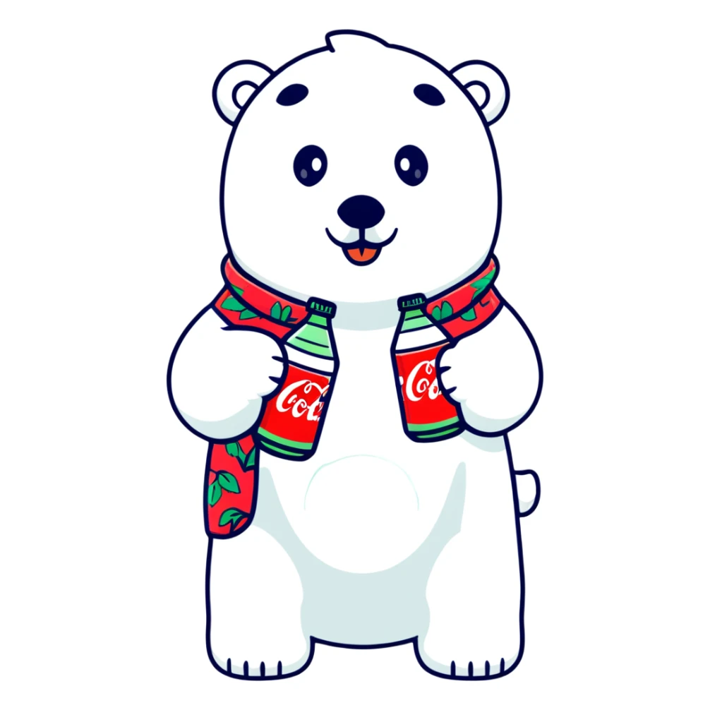polar bear in a colorful Hawaiian shirt with Coke bottle pattern, sipping Coca-Cola sticker