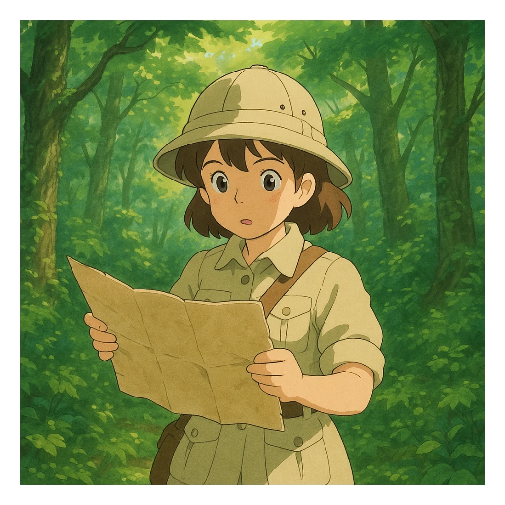 Ghibli-style explorer girl looking at a map in a lush forest sticker