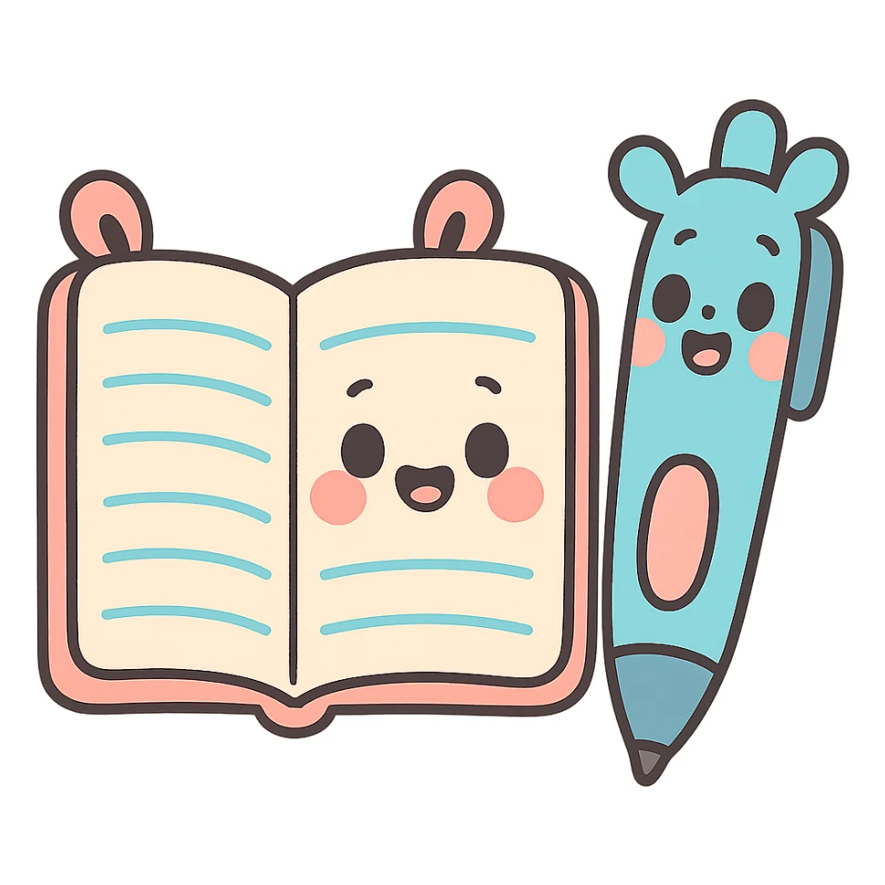 cute open notebook and a pen with ears, pastel toon style, cartoonish sticker