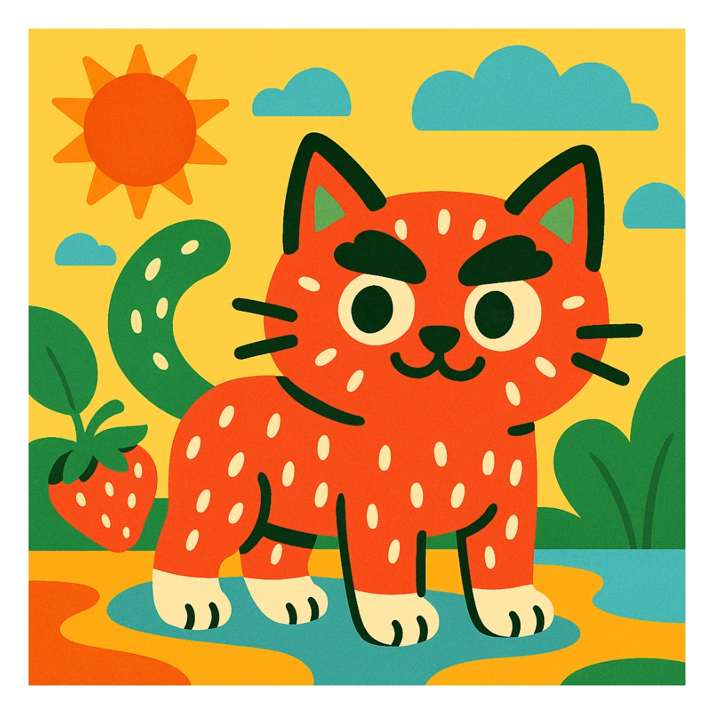a cat with strawberry patterned skin, bushy eyebrows, and white toes, fun whimsical style, vibrant colors sticker